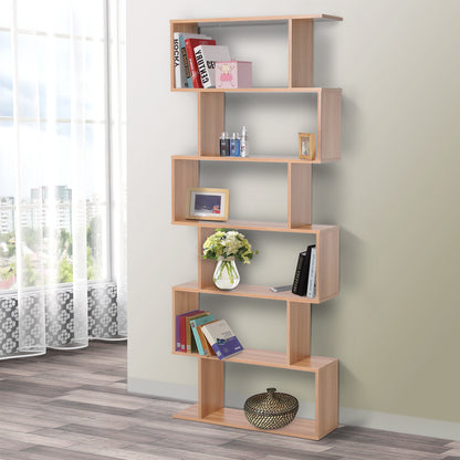 HOMCOM Bookcase, 6 Tier Shelf S Shaped Bookshelf, Storage Unit, Display Shelf for Living Room, Bedroom, Home Office, Plant, Maple 