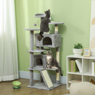PawHut 138cm Cat Tree, Multi-Level Cat Tower with Scratching Posts and Pad, Bed, Condos, Platforms, Toy Balls, Light Grey 