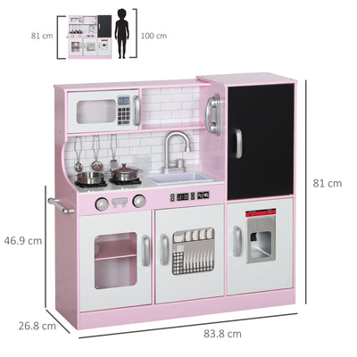 AIYAPLAY Pretend Play Kitchen, Kids Kitchen Playset w/ Toy Phone, Chalkboard, Microwave, Cooking Stove, Sink 