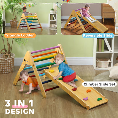 AIYAPLAY Toddler Climbing Frame for Kids, with Ramp, 3-in-1 Wooden Pikler Triangle Set for 18-48 Months, Multicolour 