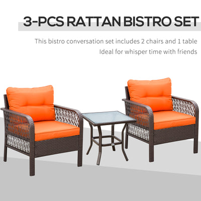 Outsunny 3 Pieces Rattan Bistro Set with Glass Top Coffee Table, Chairs and Cushions for Outdoor, Patio, Balcony, Orange 