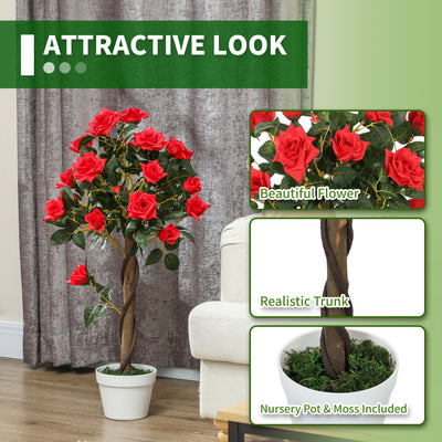 Outsunny Set of 2 Artificial Plants White Rose Floral in Pot, Fake Plants for Home Indoor Outdoor Decor, 90cm, Red 