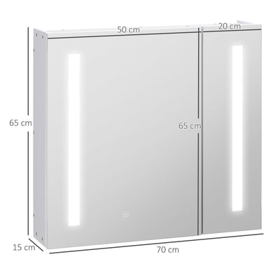 Illuminated Bathroom Mirror Cabinet 650 x 700Hmm LED Bathroom Mirror with Lights Touch Switch, Adjustable Shelf,  USB Charge, White 