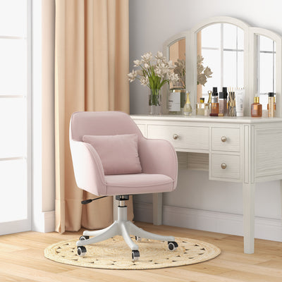 Vinsetto Velvet Office Chair, Desk Chair, Makeup Vanity Chair with Massage Lumbar Pillow and Rolling Wheels for Bedroom and Home, Pink 