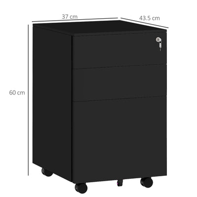Vinsetto 3-Drawer Vertical Filing Cabinet with Pencil Tray, Lock and 5 Wheels, Steel Mobile File Cabinet, for A4, Legal and Letter Size, Pre-Assembled Body, Black 