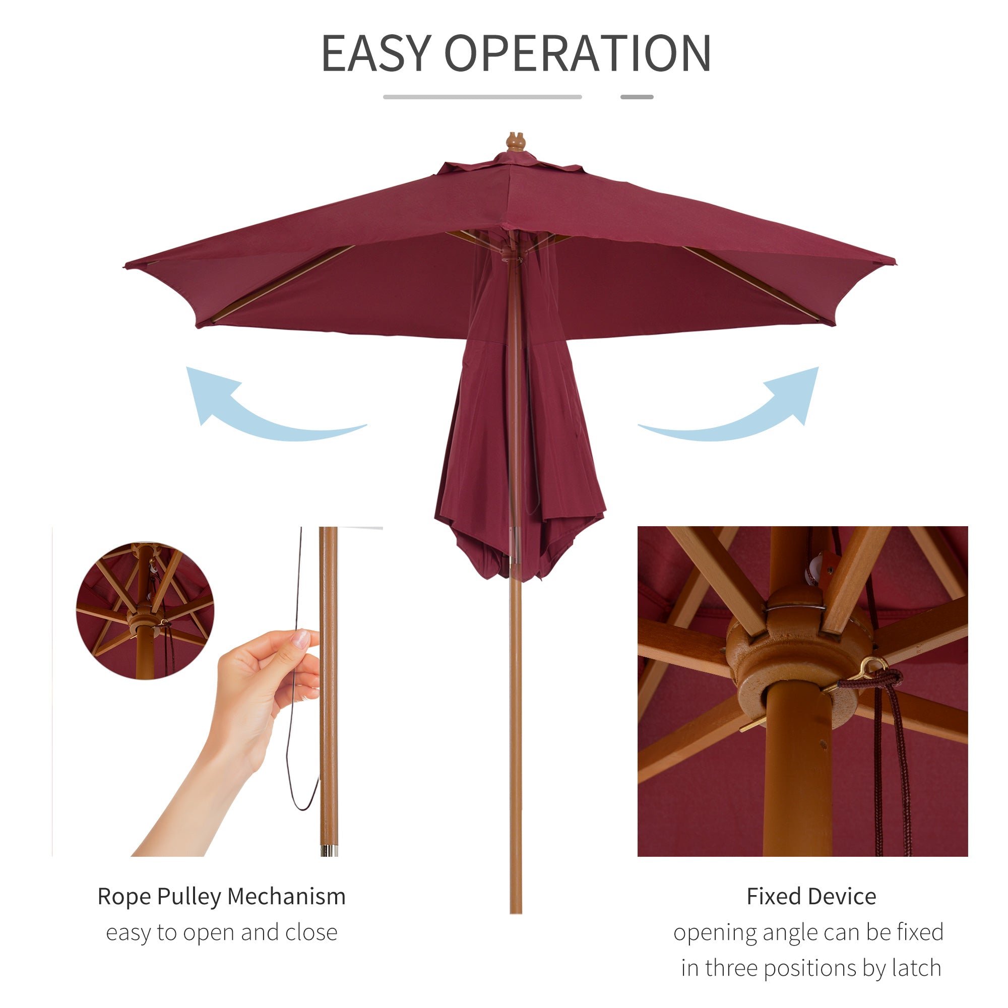 Outsunny 2.5m Wood Garden Parasol Sun Shade Patio Outdoor Wooden Umbrella Canopy Wine Red 