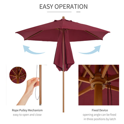 Outsunny 2.5m Wood Garden Parasol Sun Shade Patio Outdoor Wooden Umbrella Canopy Wine Red 