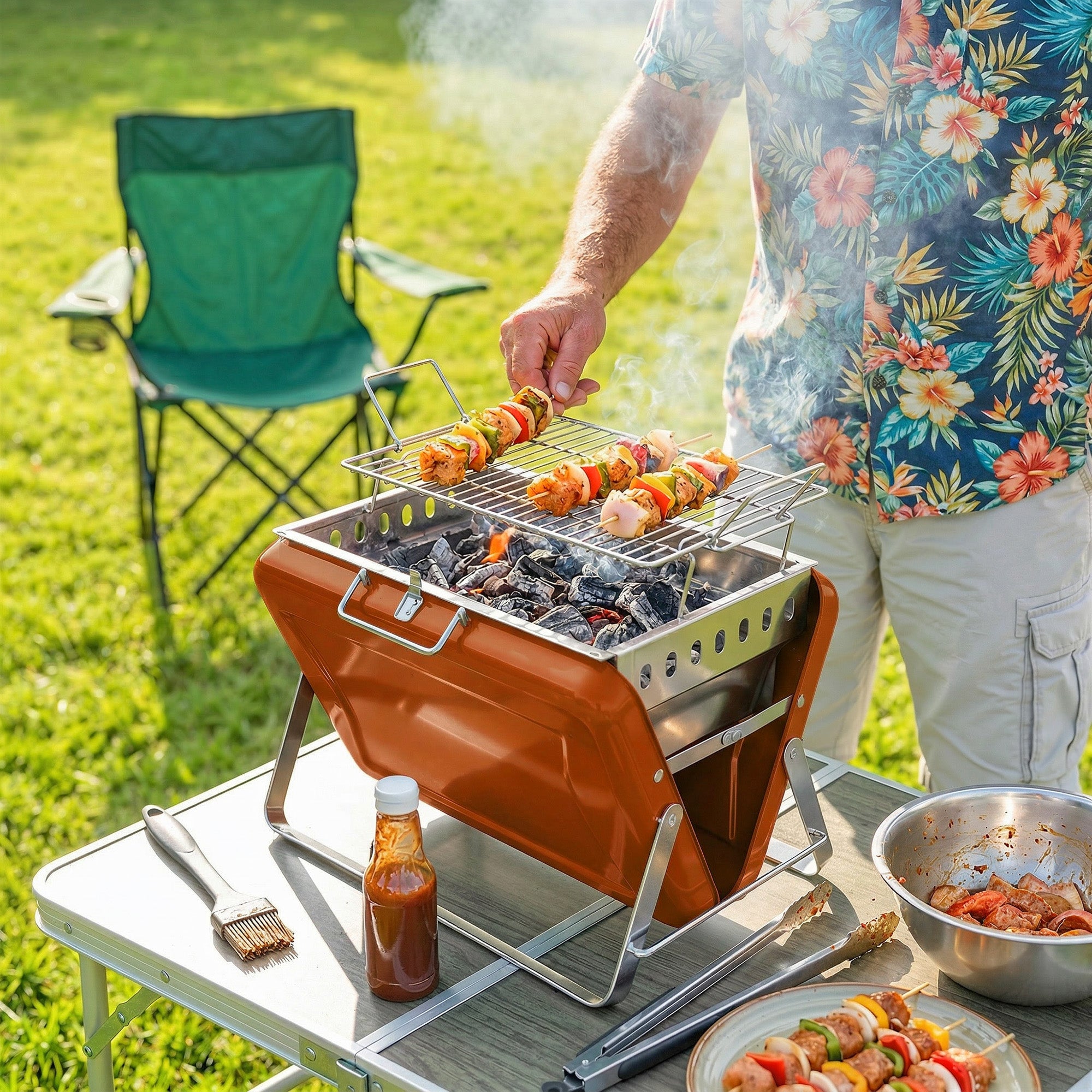 Outsunny Charcoal BBQ Grill Portable Stainless Steel Barbecue with Tilting Grate for Camping Picnic Garden Orange 