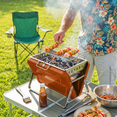 Outsunny Charcoal BBQ Grill Portable Stainless Steel Barbecue with Tilting Grate for Camping Picnic Garden Orange 
