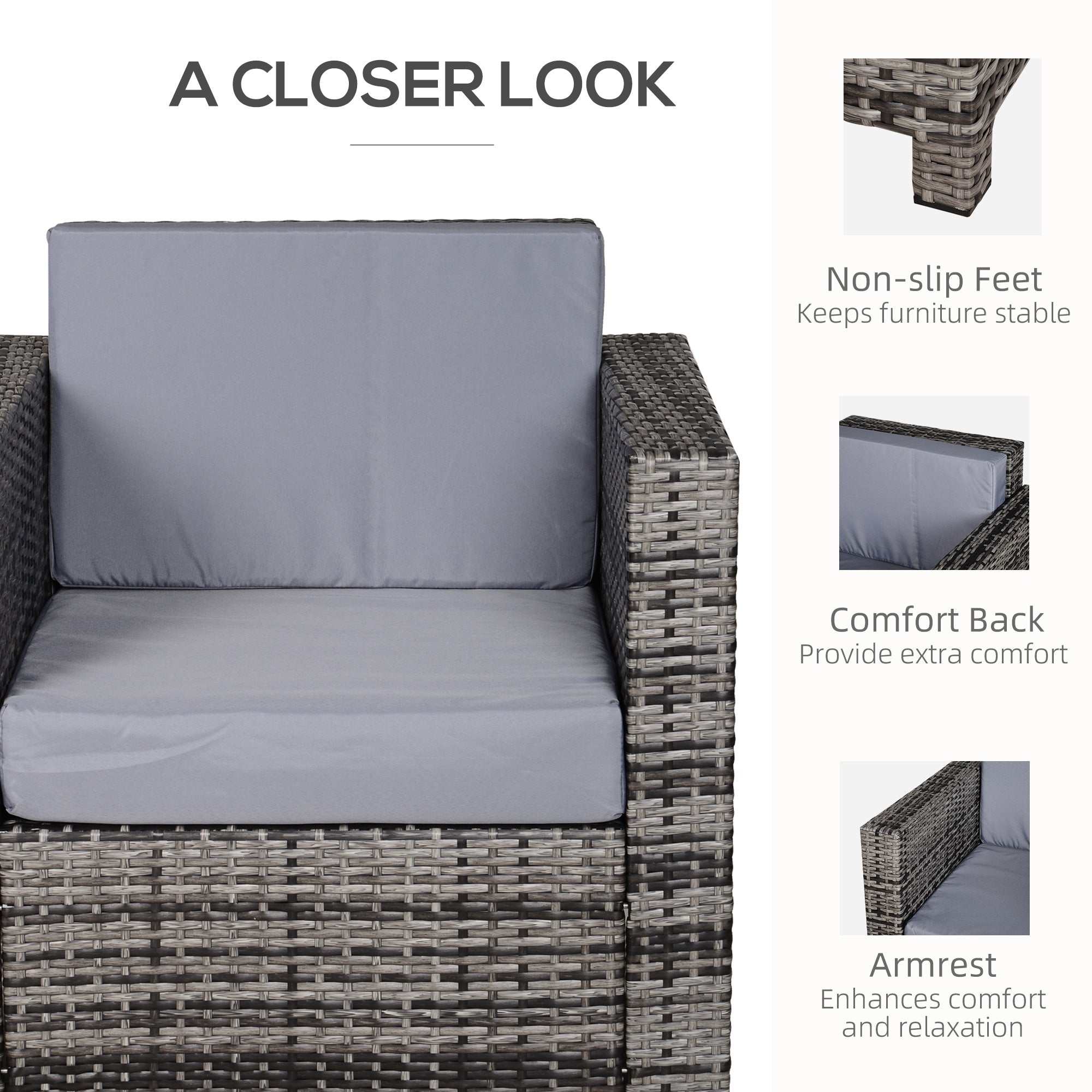 Outsunny Single Seater Rattan Chair Sofa with 10 cm Thick Padded Cushion, All-Weather PE Wicker Weave Garden Armchair with Armrests, Grey 