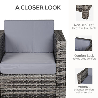 Outsunny Single Seater Rattan Chair Sofa with 10 cm Thick Padded Cushion, All-Weather PE Wicker Weave Garden Armchair with Armrests, Grey 