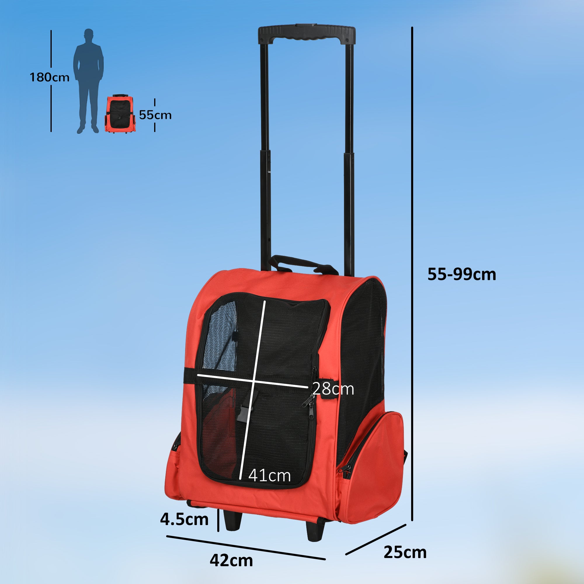 PawHut Pet Travel Backpack Bag Cat Puppy Dog Carrier w/ Trolley and Telescopic Handle Portable Stroller Wheel Luggage Bag (Red) 