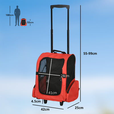 PawHut Pet Travel Backpack Bag Cat Puppy Dog Carrier w/ Trolley and Telescopic Handle Portable Stroller Wheel Luggage Bag (Red) 
