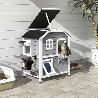 PawHut 2-story Cat House Outdoor, Weatherproof Wooden Cat Enclosure for Feral Cats with Escape Door, Openable Roof, Jumping Platforms, Grey 