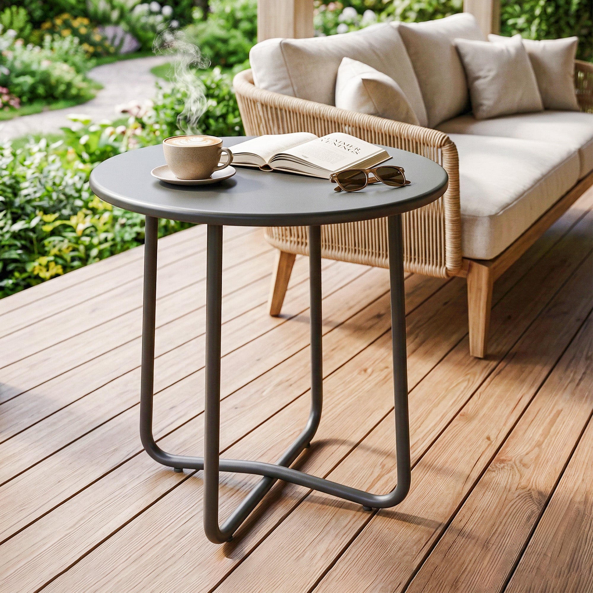 Outsunny 48 cm Round Garden Side Table, Small Metal Outdoor Garden Table with Rolled Edge, Dark Grey 