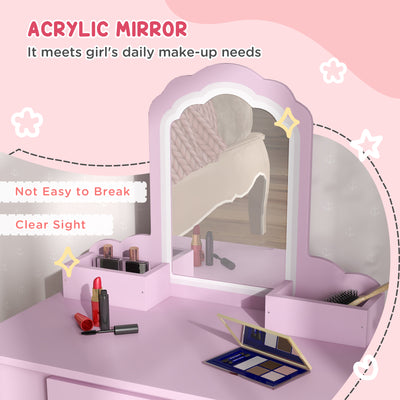 ZONEKIZ Kids Vanity Table with Mirror, Stool, Drawer, Storage Boxes, Cloud Design, for Ages 3-6 Years - Pink 