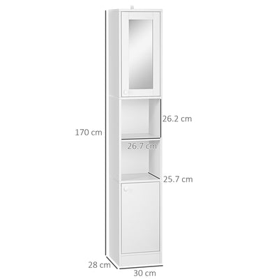 kleankin Tall Bathroom Storage Cabinet with Mirror, Narrow Bathroom Unit, Freestanding Bathroom Cupboard with Adjustable Shelves and 2 Doors, White 