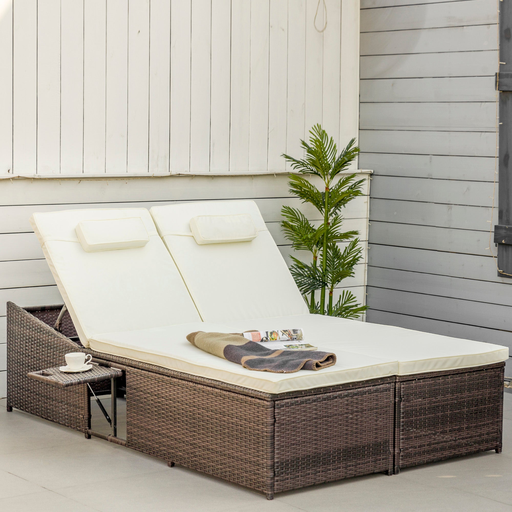 Outsunny 2 Seater Double Rattan Sun Lounger Recliner Day Bed Outdoor Wicker Weave Furniture Sofa w/ Fire Retardant Cushions – Cream 