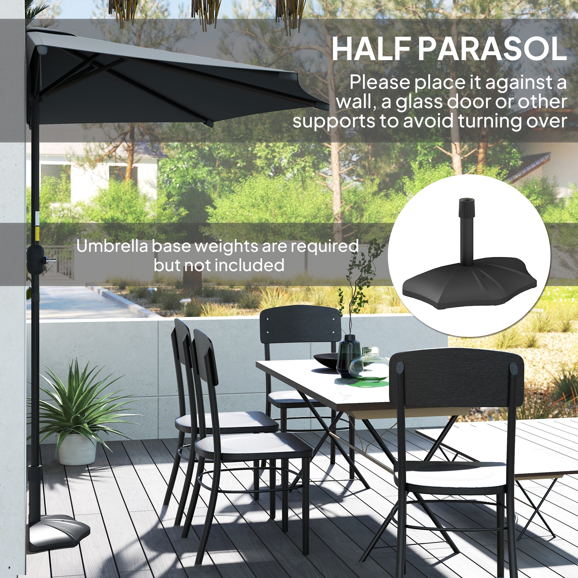 Outsunny 3(m) Half Parasol, Semi Round Umbrella with Metal Frame, Crank Handle for Balcony, Garden, Dark Grey 