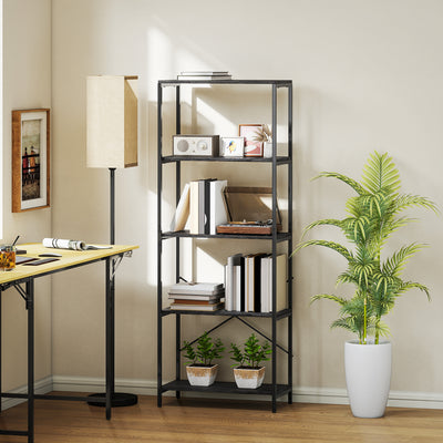 HOMCOM 5-Tier Bookshelf, Industrial Bookcase with Metal Frame - Dark Grey and Black 