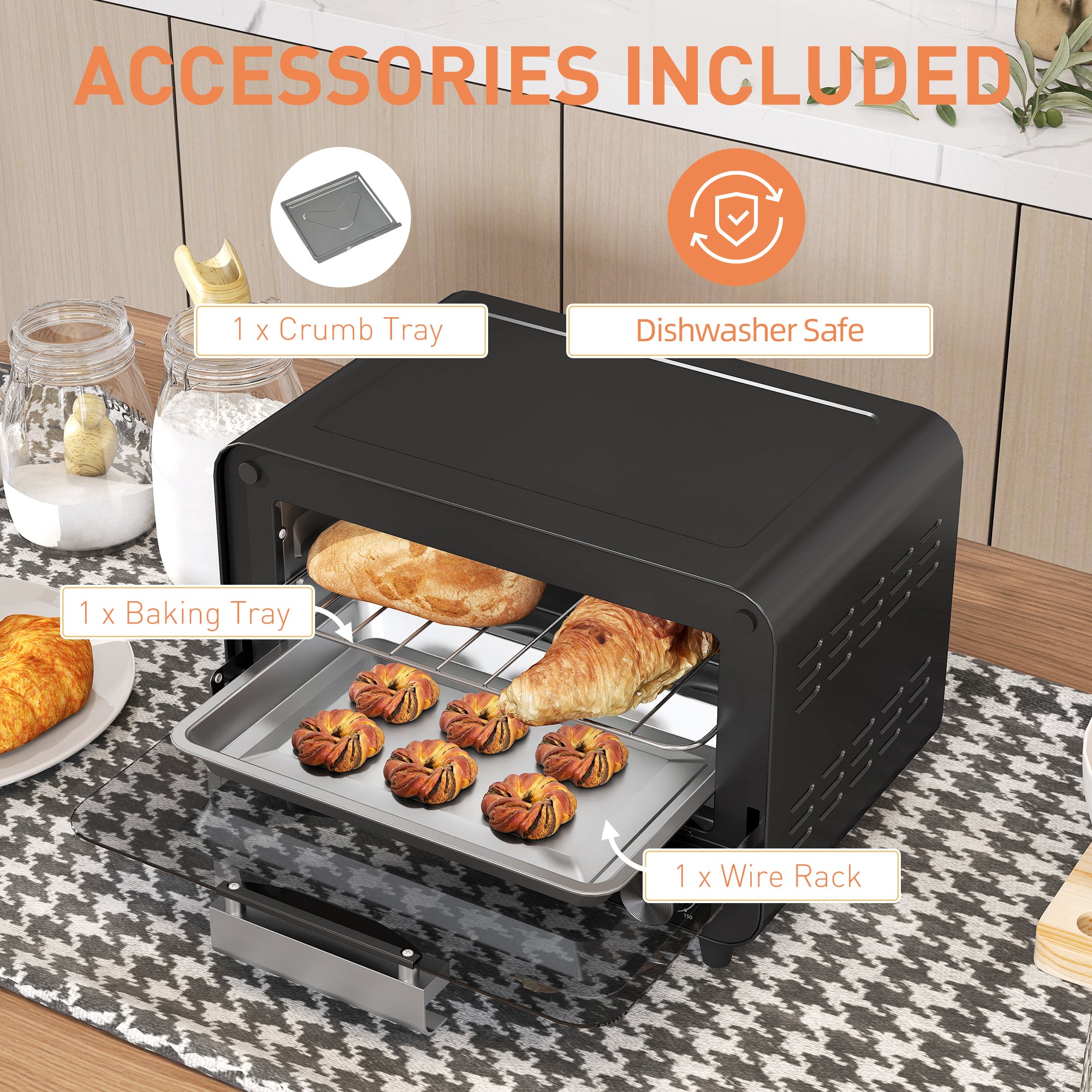 HOMCOM Small Toaster Oven, 12L Multifunction Mini Countertop Oven with Glass Door, Adjustable Temperature and Timer, Black 