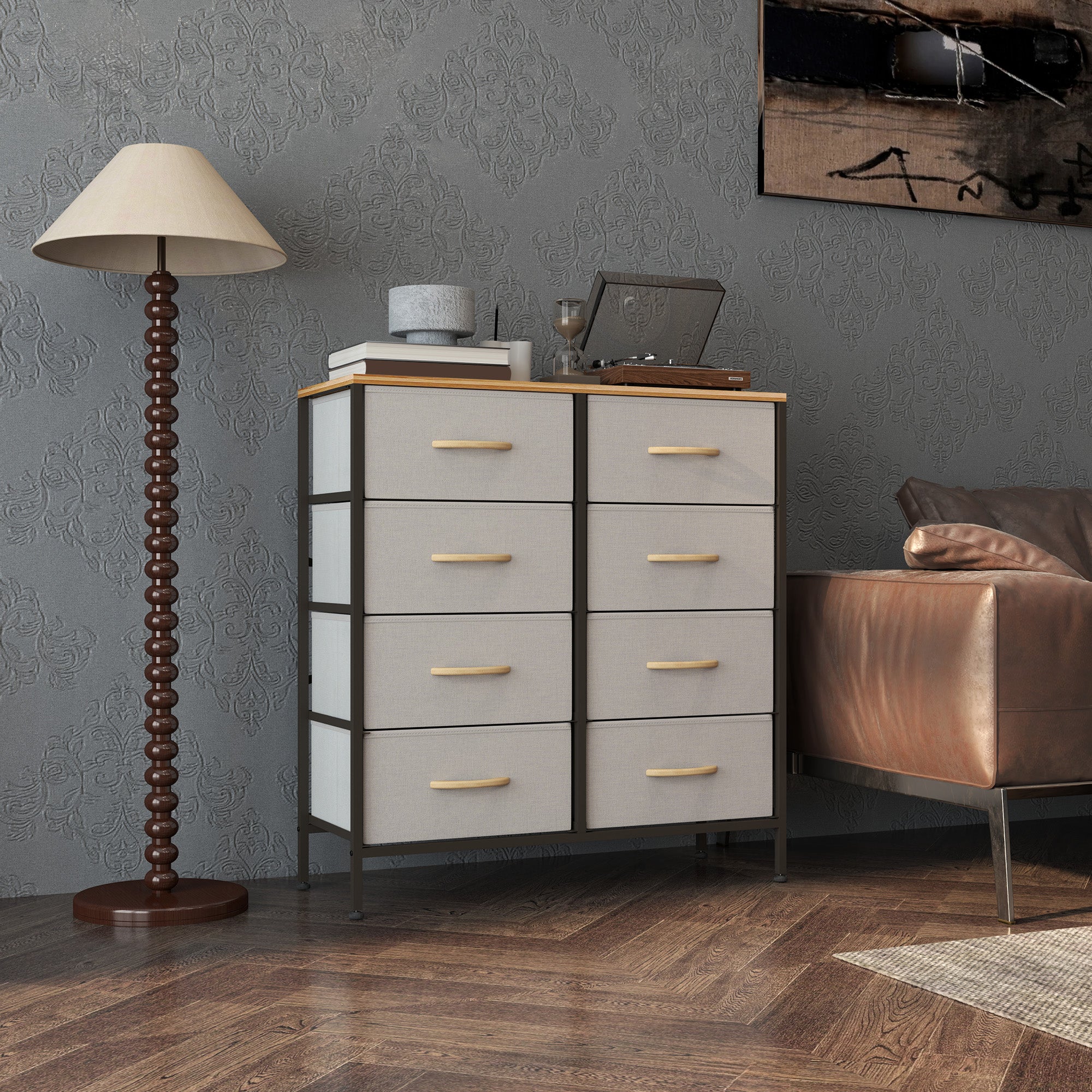 HOMCOM Fabric Chest of Drawers, Storage Drawers, Industrial Bedroom Dresser with 8 Fabric Drawers, Steel Frame and Wooden Top for Nursery, Living Room, Hallway, Cream White 