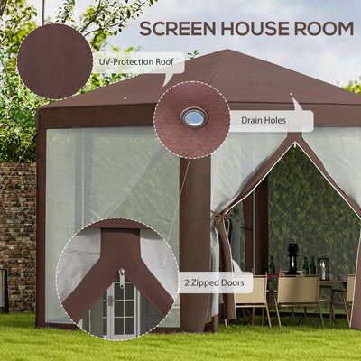 Outsunny Hexagonal Garden Gazebo Patio Party Outdoor Canopy Tent Sun Shelter with Mosquito Netting and Zipped Door, Brown 