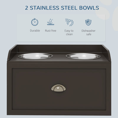 PawHut Stainless Steel Raised Dog Bowls, with 21L Storage Drawer for Large Dogs - Brown 