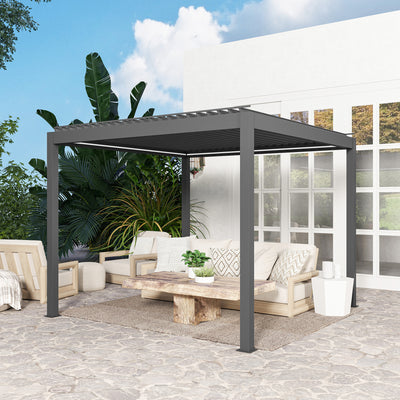 Outsunny 3 x 3(m) Electric Louvered Pergola with LED Lights, Aluminium Pergola Hardtop Gazebo with Remote, Adjustable Roof and Drainage System, Water and UV Proof 