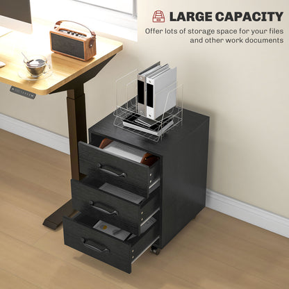 HOMCOM 3 Drawer File Cabinet, Mobile Filing Cabinet on Wheels for Home Office, Study, Black 