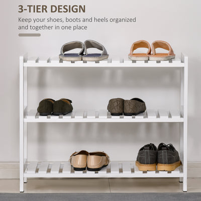 HOMCOM 3-Tier Shoe Rack Wood Frame Slatted Shelves Spacious Open Hygienic Storage Home Hallway Furniture Family Guests 70L x 26W x 57.5H cm - White 