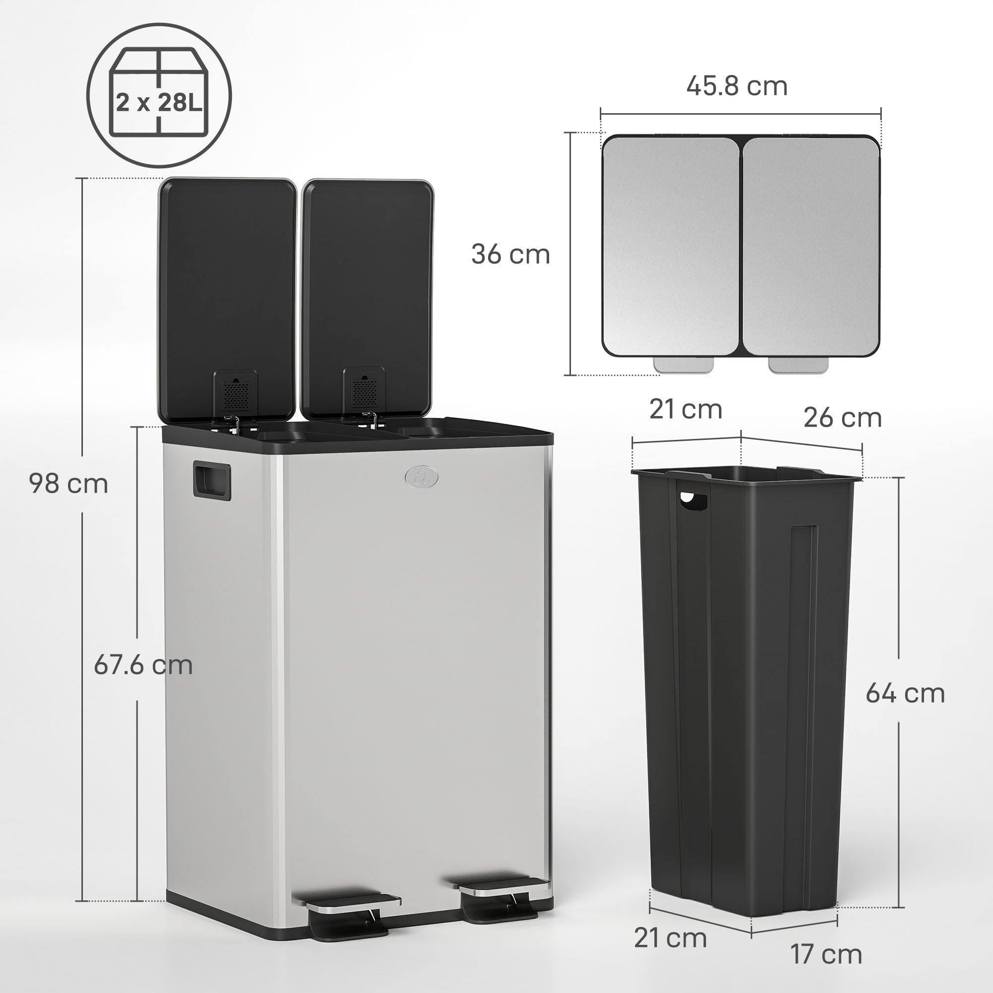 HOMCOM 56L Dual Compartment Stainless Steel Bin, with Deodoriser Holders - Silver Tone 