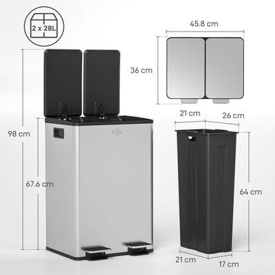 HOMCOM 56L Dual Compartment Stainless Steel Bin, with Deodoriser Holders - Silver Tone 