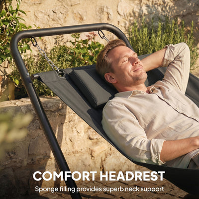 Outsunny Outdoor Hammock with Stand, Freestanding Hammock with Side Pocket, Headrest for Patio, Balcony, Porch, Dark Grey 