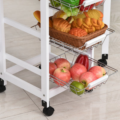 HOMCOM Drop-Leaf Kitchen Cart Trolley w/ 3 Baskets Drawer Surface Top 6 Universal Wheels Rolling Storage Unit Kitchen Home Dining Island White Oak Tone 