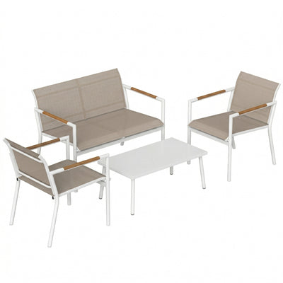Outsunny 4 Seater Garden Furniture Set with Loveseat, Armchairs, Table, Metal Garden Sofa Set with Breathable Seats, Khaki 