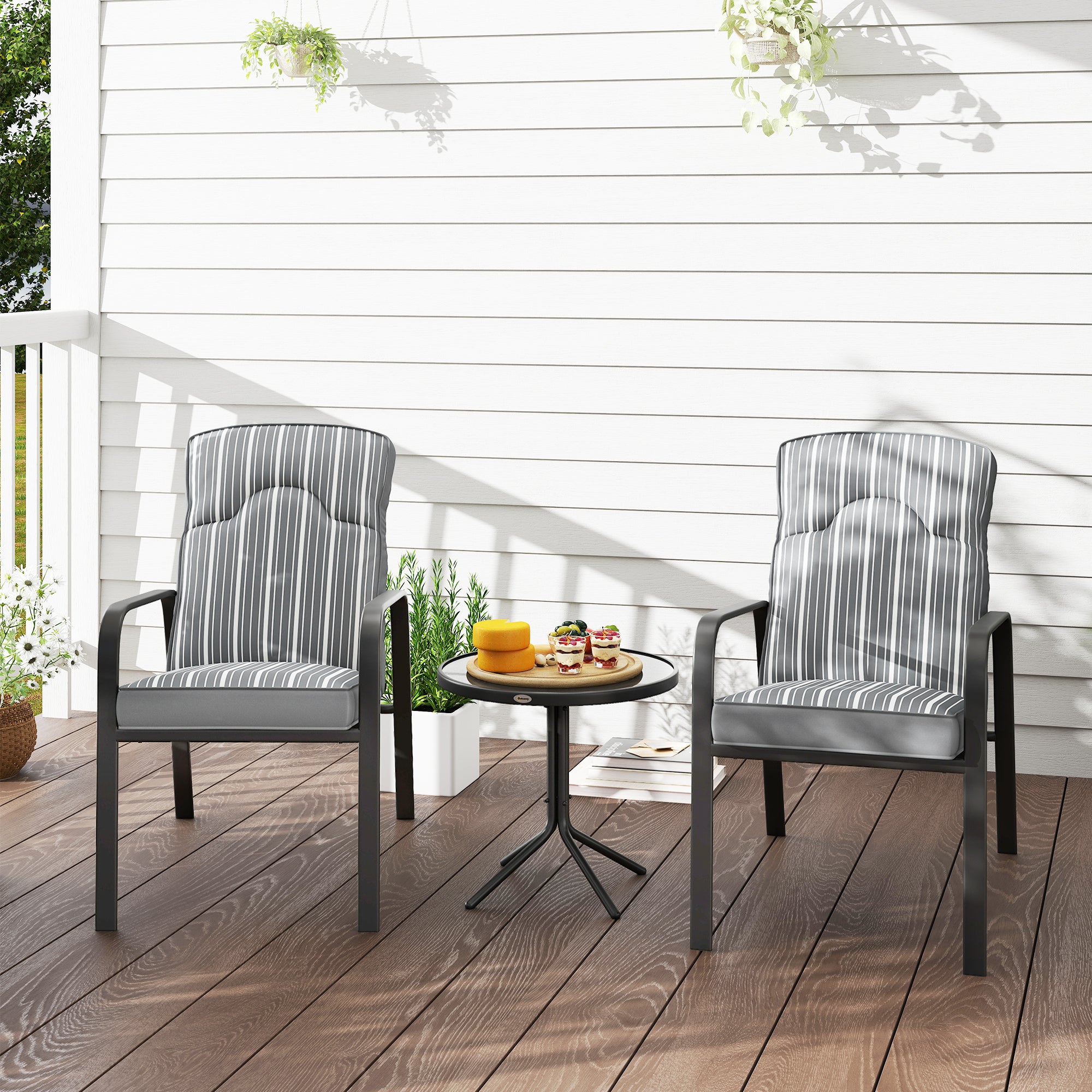 Outsunny 3-Piece Patio Bistro Set, 5-Position Adjustable Recliner Garden Chairs and Tempered Glass Table, Garden Furniture Set with Cushions, High Back, Armrests, Metal Frame for Balcony Patio, Grey