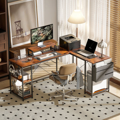 HOMCOM 168cm Reversible L Shaped Desk, Industrial Corner Computer Desk with Adjustable Shelf and Storage Bag, 240cm 2 Person Desk with Monitor Stand, Rustic Brown 