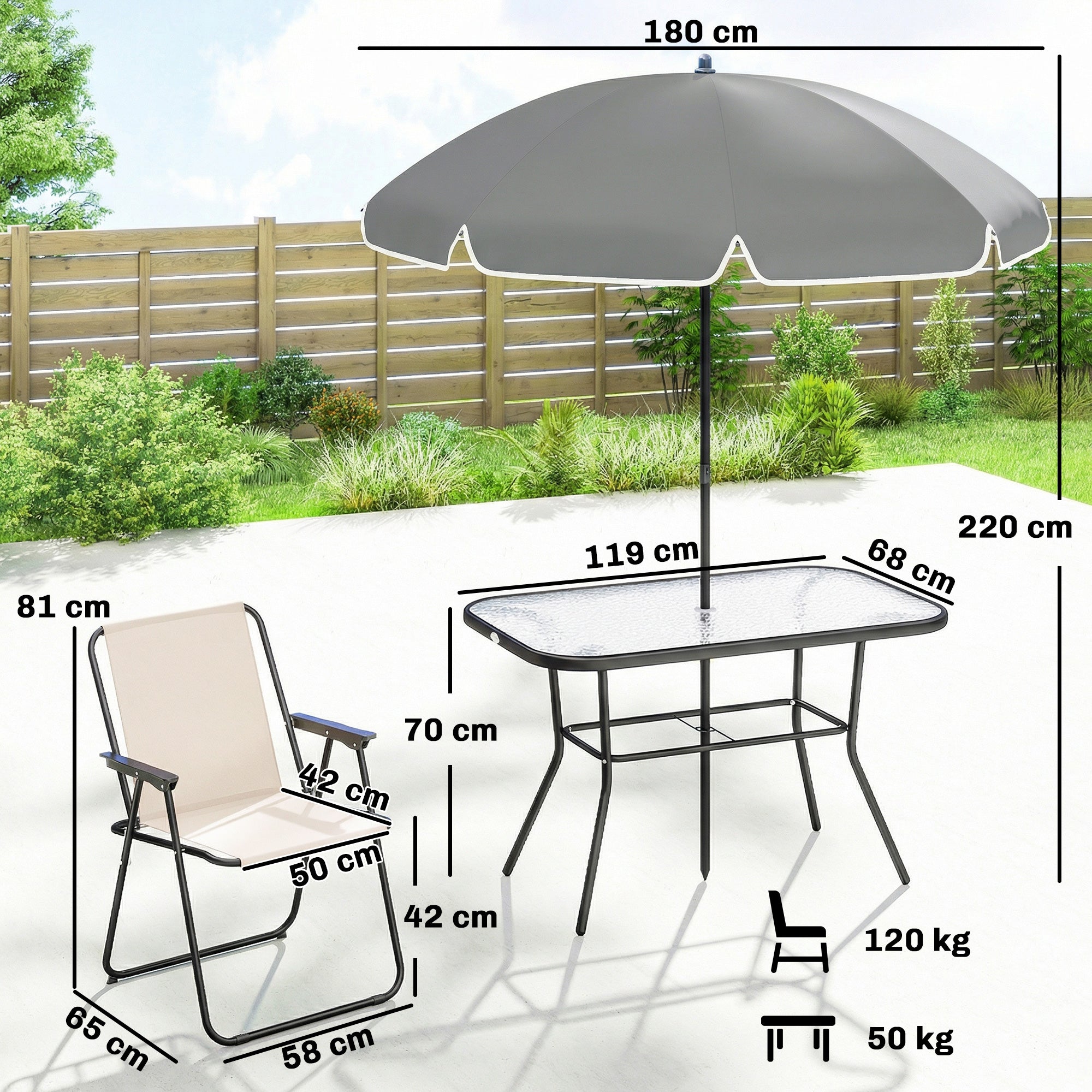 Outsunny 8 Piece Garden Dining Set with Umbrella Garden Furniture Set with 6 Folding Chairs, Tempered Glass Table for Patio Cream 
