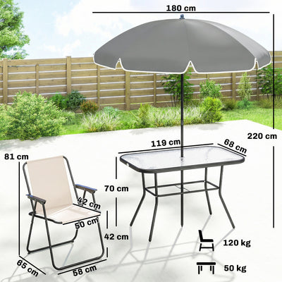 Outsunny 8 Piece Garden Dining Set with Umbrella Garden Furniture Set with 6 Folding Chairs, Tempered Glass Table for Patio Cream 