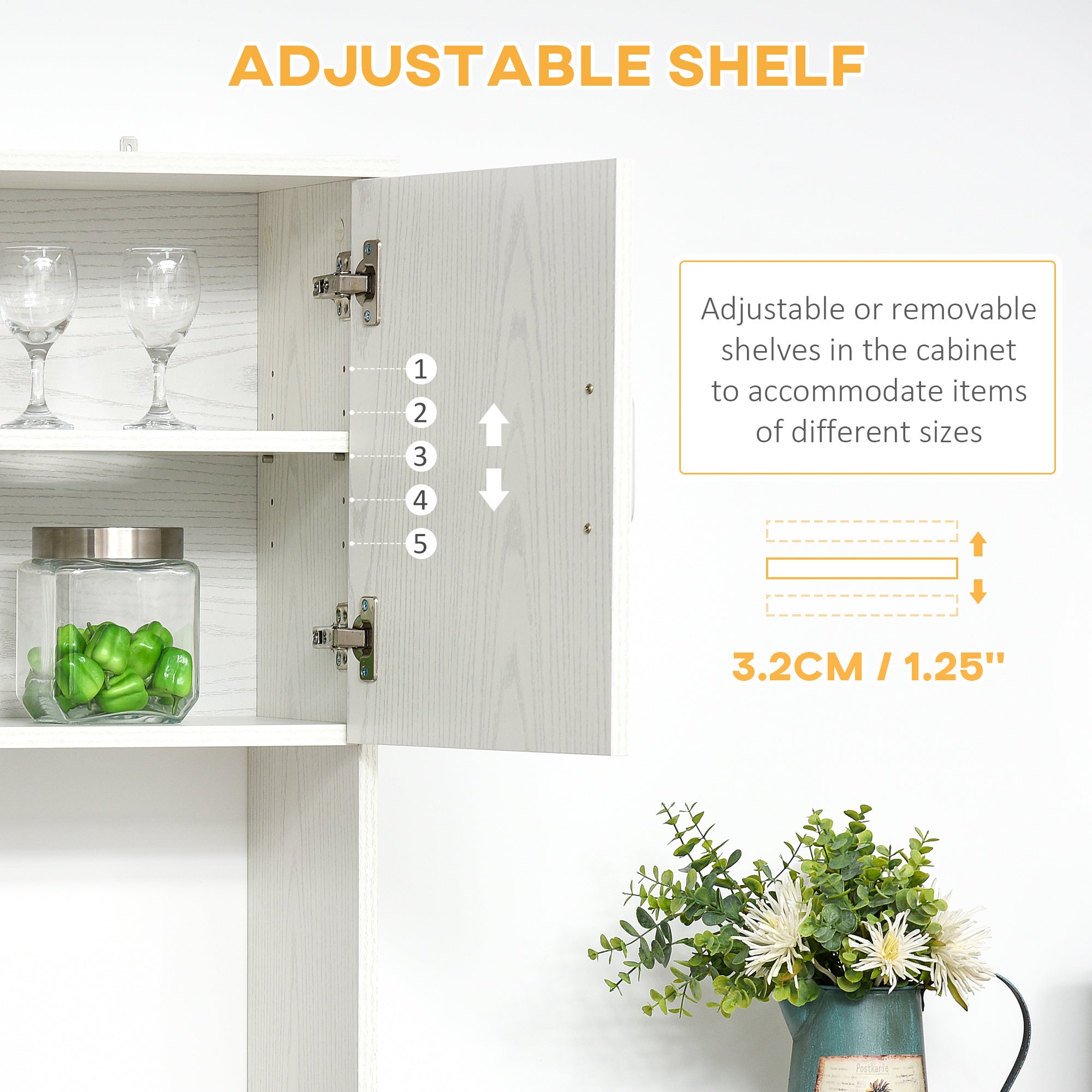 HOMCOM Freestanding Kitchen Cupboard, Modern Kitchen Storage Cabinet with Doors, Microwave Counter and Adjustable Shelves, White 