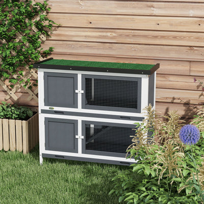 PawHut Double Decker Rabbit Hutch 2 Tier Guinea Pig House Pet Cage Outdoor with Sliding-out Tray, 100 x 47 x 91cm, Grey 