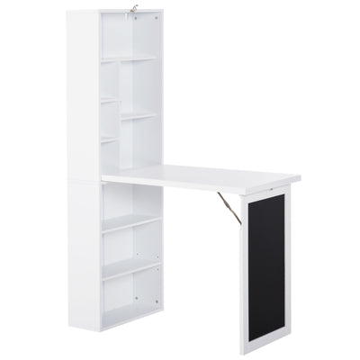 HOMCOM Wall Mounted Computer Desk, Folding Study Table with Black Board and Bookshelf, Multifunctional Floating Writing Desk for Home Office, White 