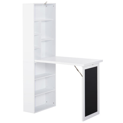 HOMCOM Wall Mounted Computer Desk, Folding Study Table with Black Board and Bookshelf, Multifunctional Floating Writing Desk for Home Office, White 