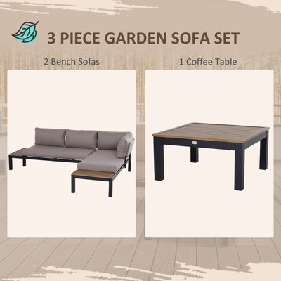 Outsunny 3 Pieces Garden Furniture Set, Aluminium 4 Seater Corner Sofa Set with 2 Loveseats, Coffee Table and Side Trays, Outdoor Conversation Furniture with Cushions for Garden, Black 