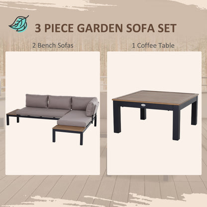 Outsunny 3 Pieces Garden Furniture Set, Aluminium 4 Seater Corner Sofa Set with 2 Loveseats, Coffee Table and Side Trays, Outdoor Conversation Furniture with Cushions for Garden, Black 