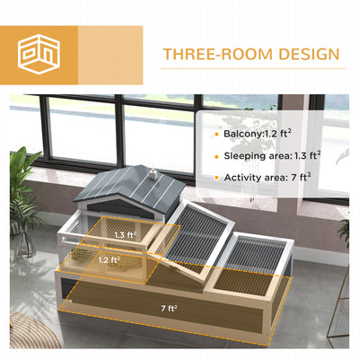 PawHut Tortoise House 3-Room with 2 Stories, Ladder, Balcony, Tray, Openable Roof, 59H x 112L x 65Wcm, Grey 