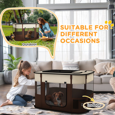 PawHut Foldable Dog Pen with Storage Bag for Indoor/Outdoor Use, Portable Pet playpen, with Ground Stakes - Brown 