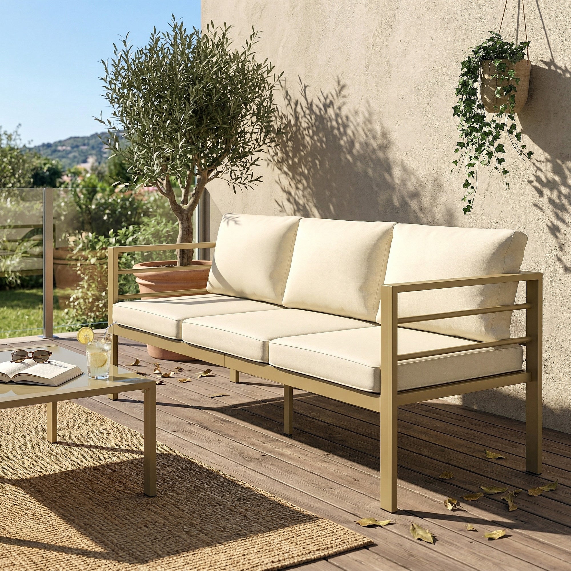 Outsunny Garden Bench with Cushions, 3-Seater Sofa with Backrest, Armrest and Back Cushions, 185 x 66 x 64cm, Cream White 