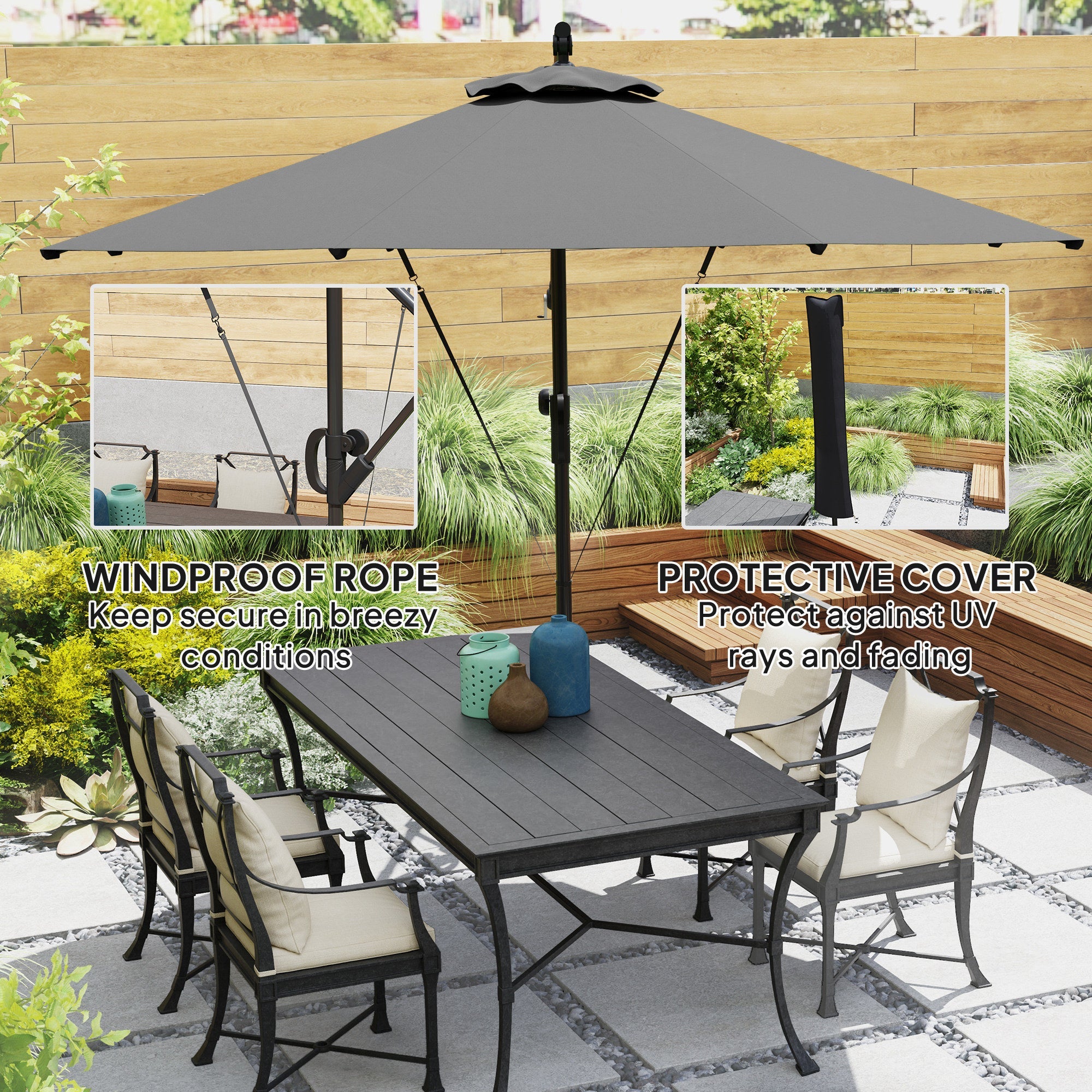 Outsunny 3(m) Garden Cantilever Parasol with Cover and Wind Protection Strap, Round Overhanging Umbrella with Crank Handle and Tilt, Banana Patio Umbrella for Outdoor Sun Shade, UPF50+, Grey 